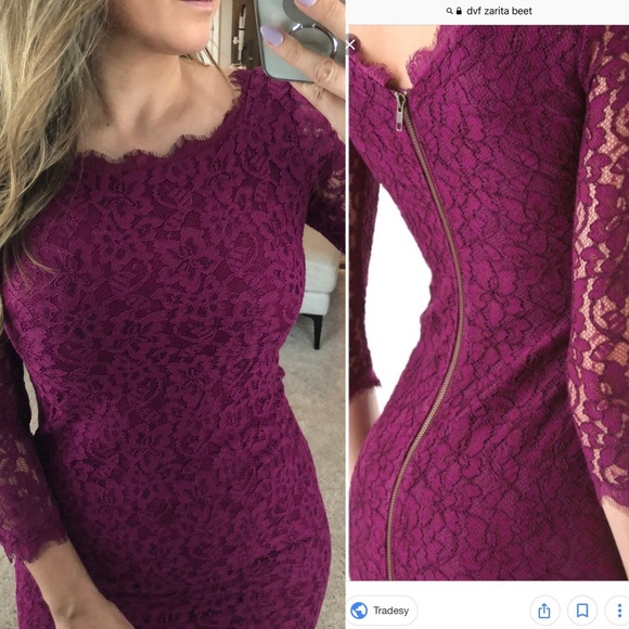 DVF ZARITA LACE ZIP UP DRESS BEET PLUM 6 - Picture 3 of 7